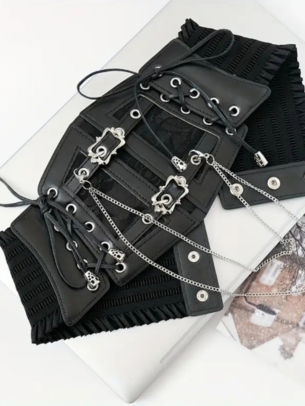 NEW Black Lace-Up Corset Belt with Silver Chains